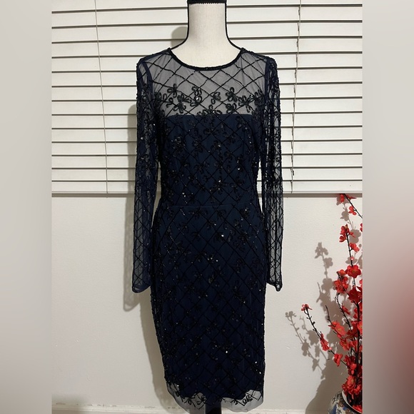 Adrianna Papell Dresses & Skirts - Adrianna Papell Navy Beaded Long Sleeve Sheer Yoke Dress